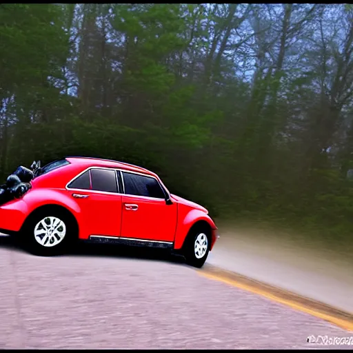 Image similar to promotional scifi - blockbuster movie scene of a ladybug volkswagen hybrid, flying down a dusty backroad in smokey mountains tennessee. the hybrid is 2 / 3 ladybug. cinematic, muted dramtic color, 4 k, imax, 7 0 mm, hdr