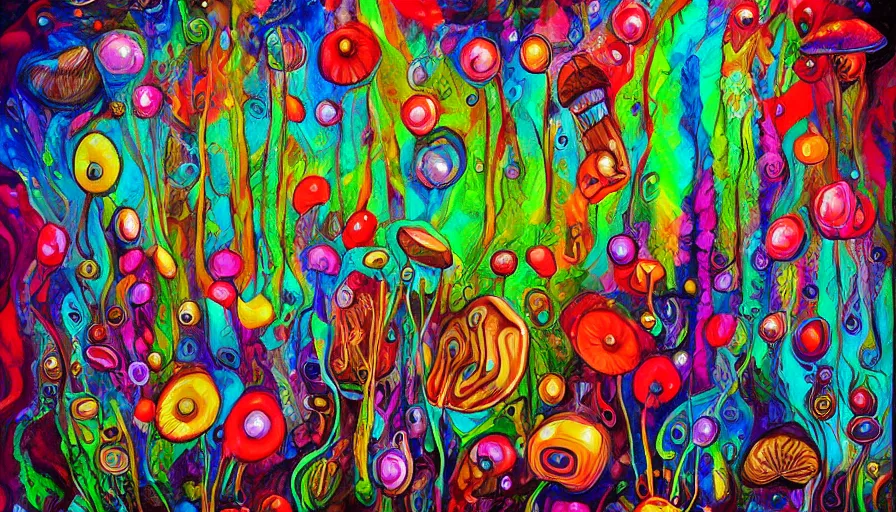 Prompt: trippy mushrooms, sweet dreams, painting on canvas, watedrops, water droplets, acrylic painting, acrylic pouring, painting, influencer, artstation - h 8 0 0
