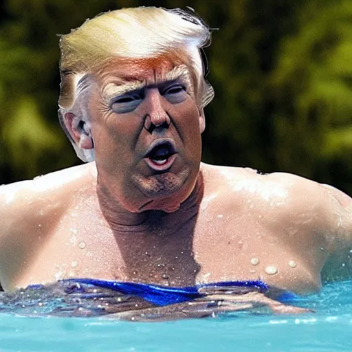 Prompt: Donald trump with a pregnant belly going for a swim in a pool