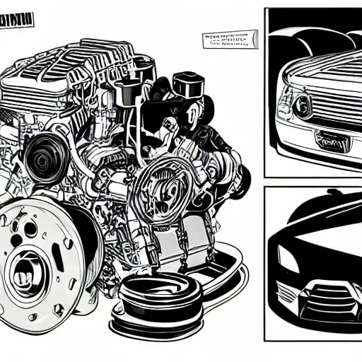 Image similar to car engine, car parts concept, card, comic page
