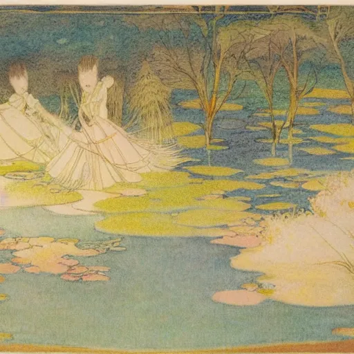 Prompt: unique sharp lake pan miso, by warwick goble and monsu desiderio, impressionism, groovy