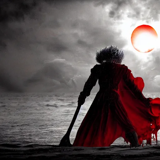 Image similar to berserk eclipse scene in the beach, dark, fear, high detail, clean, red, eclipse, beach, blood, wallpaper, high quality,