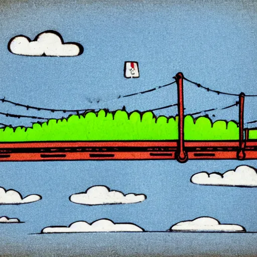 Prompt: small steel suspension bridge built in 1 9 2 8, side view, puffy clouds in background, marijuana cigarette floating in the sky, woodcut style, rubber stamp, 8 k