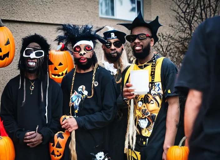 Image similar to dslr photo still of odb of wu tang clan trick or treating on halloween, 4 k, 1 2 0 mm f 1 6