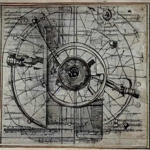 Prompt: The blueprint of making a Perpetual motion machine on the Parchment, medevial, scretch, Da Vinci.