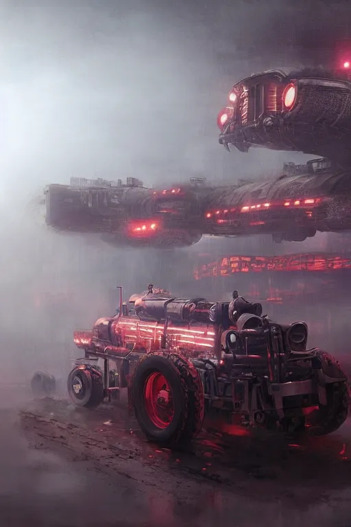 Image similar to a highly detailed beautifuly rendered, tractor that pulls a tank, thick dust and red tones, bladerunner, cyberpunk, lost city, hyper - realistic environment, epic concept art