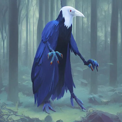 Image similar to concept art painting of an anthropomorphic albino raven wearing dark blue robes, in the deep forest, realistic, detailed, cel shaded, in the style of makoto shinkai and greg rutkowski and james gurney