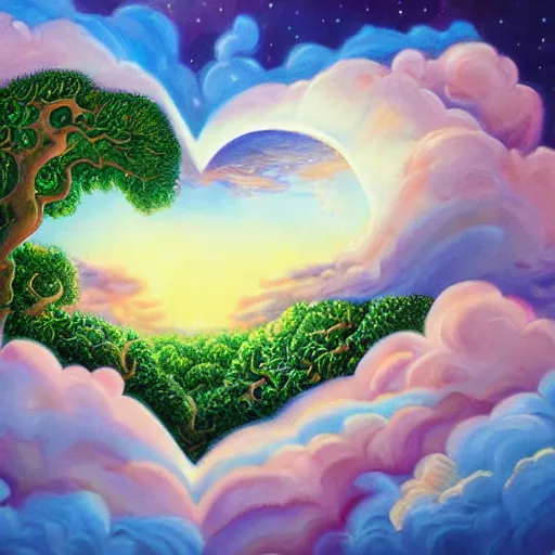 Image similar to a detailed fantasy painting of romantic hearts in the sky and big broccolis floating in the sky, by lauri blank, artgerm, evelyn de morgan, 8K, 50mm lens