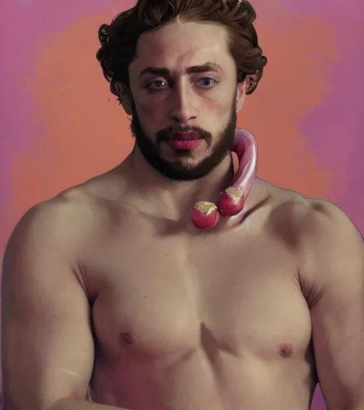 Prompt: Gigachad Sam Hyde in a pink luxurious suit, ready for battle, boxing stance, wearing candy cane boxing gloves, sigma male, buff, accurately portrayed, portrait art by alphonse mucha and greg rutkowski, highly detailed, digital painting, concept art, illustration, dim lighting with twilight rays of sunlight, trending on artstation, very detailed, smooth, sharp focus, octane render, close up