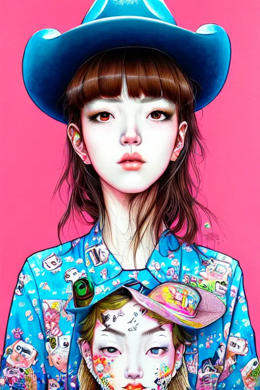 Image similar to girl wearing cowboy hat, style of yoshii chie and hikari shimoda and martine johanna, highly detailed