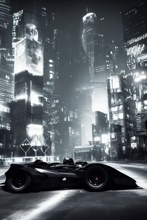 Prompt: the batmobile driving through gotham city at night. fluorescent light. pov from behind the wheel. octane render. 8 k. monochrome. black and white. mist. atmospheric. cinematic. imagined by laurie greasley.