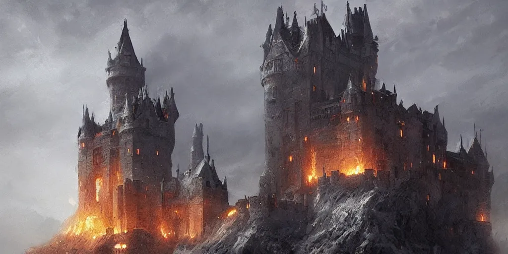 Prompt: A castle made out of white stone covered in fire, rising smoke, dark fantasy, nighttime, hyper realistic, by greg rutkowski, trending on artstation