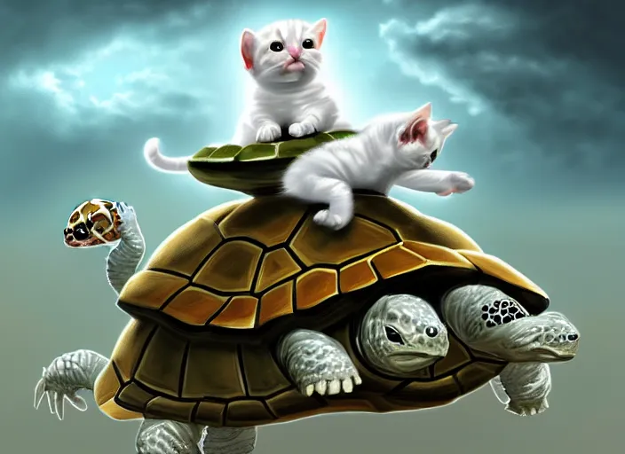 Image similar to white kittens riding giant turtles, battalion, digital oil painting, trending on artstation
