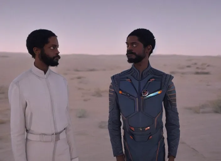 Image similar to first official image from paul thomas anderson's new space opera film starring lakeith stanfield and grimes. shot on alexa mini, stunning cinematography, filmgrain, kodak vision 2 0 0 t, shot composition