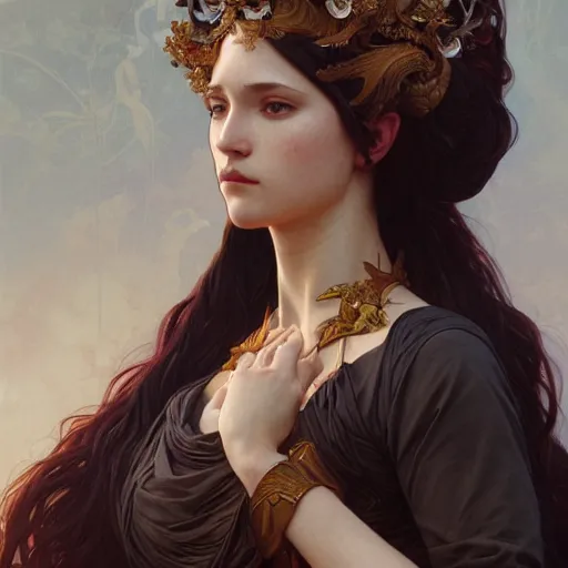 Image similar to portrait of angry goddess, intricate, elegant, highly detailed, digital painting, artstation, concept art, smooth, sharp focus, illustration, art by artgerm and greg rutkowski and alphonse mucha and william - adolphe bouguereau