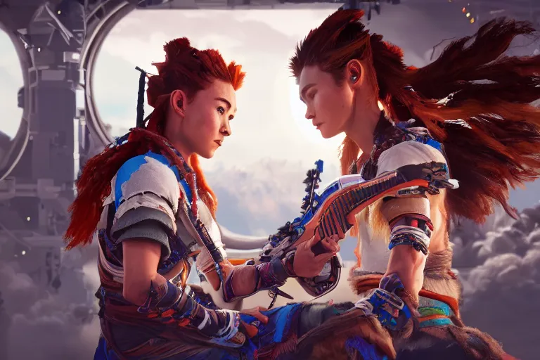 Image similar to cinematic picture of aloy from the horizon zero dawn videogame playing the guitar in the international space station, digitla art trending on artstation