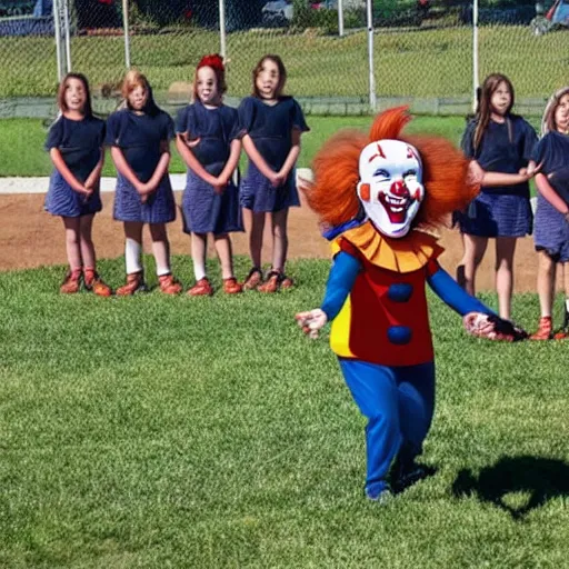 Image similar to Pennywise the clown coaching a girls' little league team.