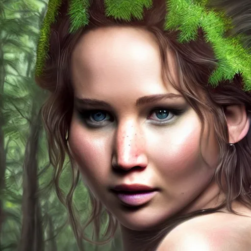 Image similar to a portrait of jennifer lawrence as a troll, ugly, in a dark forest, extremely detailed digital art, trending on artstation hyper realistic matte painting, by artgerm