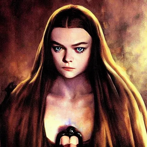 Image similar to ultra realistic portrait painting of elle fanning in underworld 2 0 0 3, art by frank frazetta, 4 k, ultra realistic, highly detailed, epic lighting