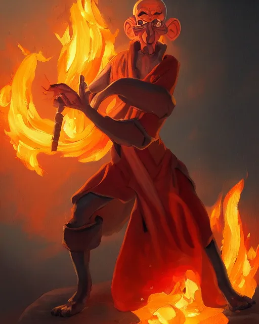 Image similar to [ squidward ] wearing fire nation clothing and practicing firebending outside at susnset, oil painting, highly detailed, intricate, hd, sharp focus, photorealistic, by moebius and greg rutkowski, trending on artstation, trending on cgsociety, realistic shading and lighting