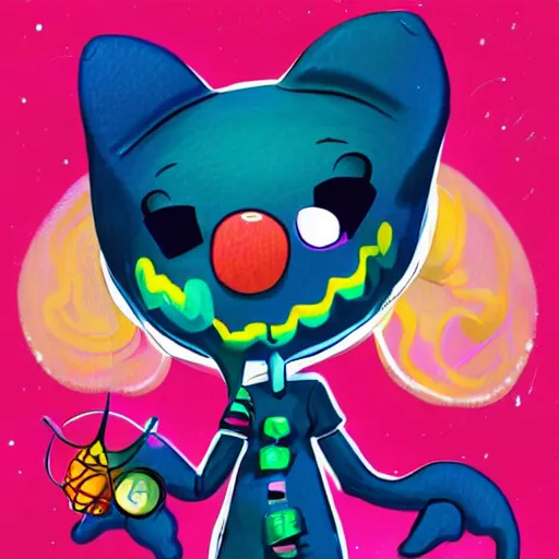 Prompt: adorably kawaii design for a clown themed bipedal manta ray who enjoys lofi beats at night, art by tim shafer from his work on psychonauts by double fine, professional art, digital sketches, gaming, concept art