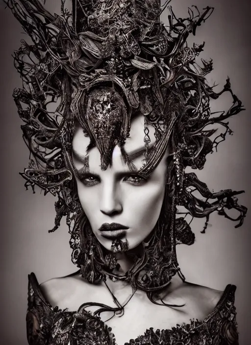 Image similar to a portrait of female model by stefan geselle and nekro borja, photorealistic, intricate details, hyper realistic, dark fantasy, ornate headpiece, dark beauty, photorealistic, canon r 3, photography, wide shot, photography, dark beauty, symmetrical features, wide angle shot, whole body, full body shot, body, feet