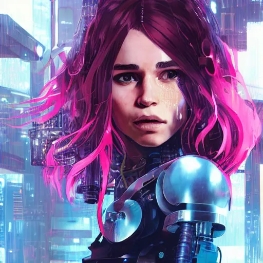 Prompt: highly detailed portrait of a young cyberpunk cyborg emilia clarke with a wavy vibrant red hair, blue eyes, cybernetic implants, neon, by Dustin Nguyen, Akihiko Yoshida, Greg Tocchini, Greg Rutkowski, Cliff Chiang, 4k resolution, nier:automata inspired, bravely default inspired, cyberpunk background