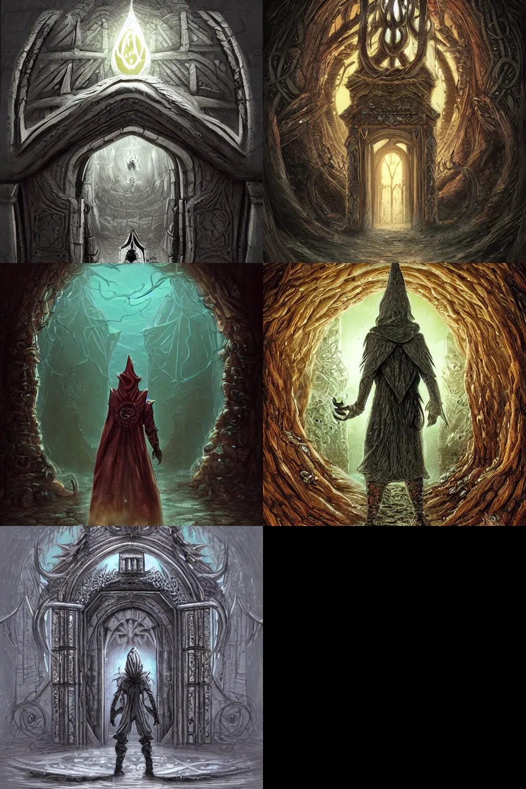 Prompt: ! dream extremely detailed intricate concept art of hooded necromancer in front of a lovecraft portal