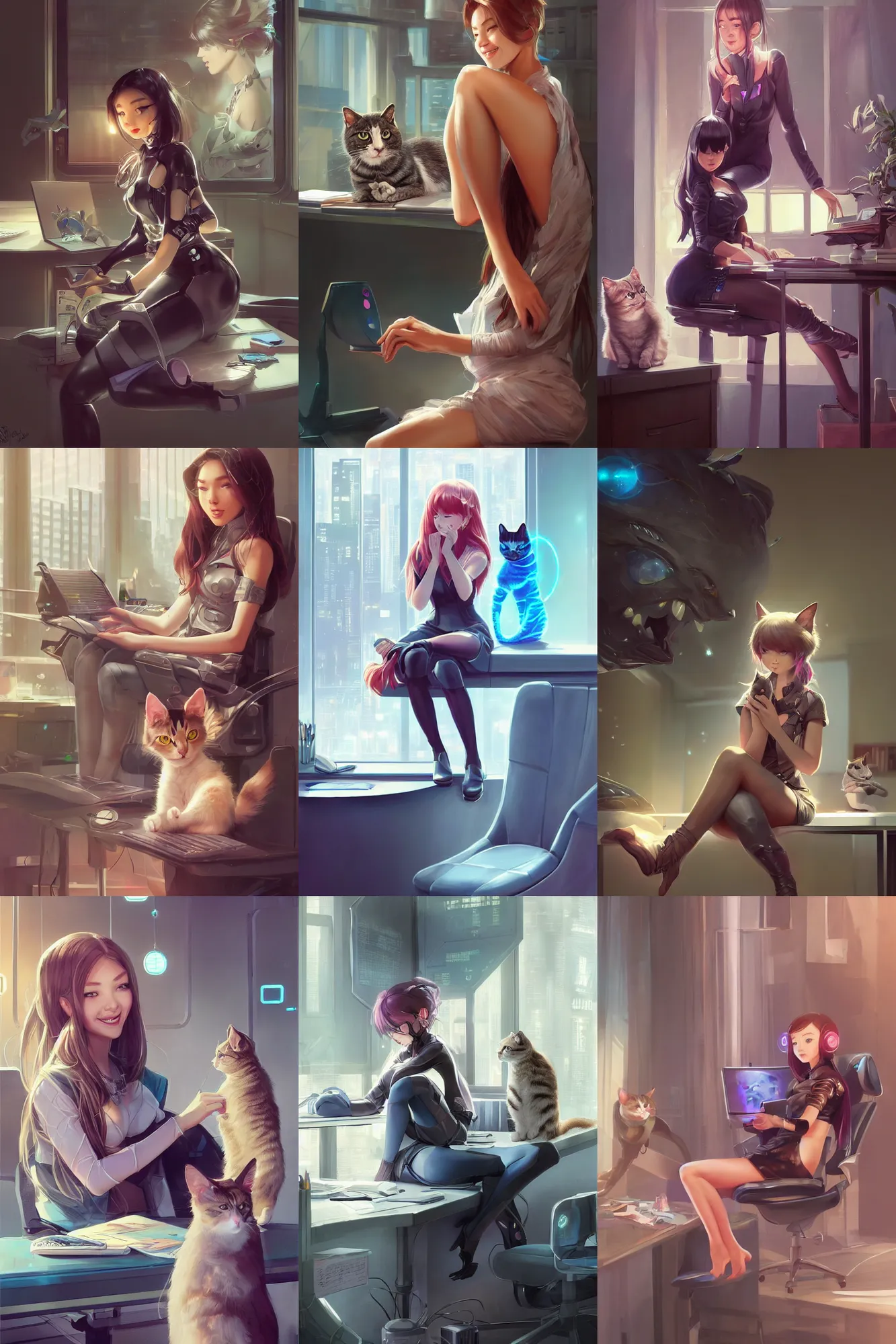 Prompt: a beautiful cyber girl sitting in her office petting a cat in her lap | | cute - fine - subtle smile, face, pretty face, fine details by stanley artgerm lau, wlop, rossdraws, james jean, andrei riabovitchev, marc simonetti, and sakimichan, trending on artstation