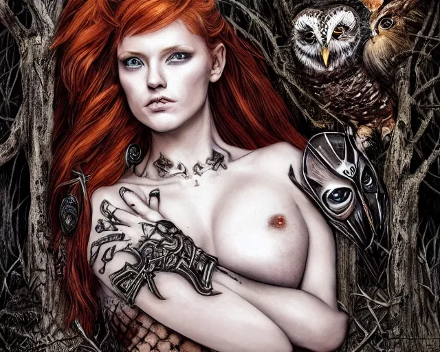 Image similar to 5 5 mm portrait photo of an armored gorgeous anesthetic redhead woman warrior with a face tattoo and horns growing from her head, and owl sitting on her shoulder in a magical forest in the style of stefan kostic, art by luis royo. highly detailed 8 k. intricate. lifelike. soft light. nikon d 8 5 0. cinematic post - processing