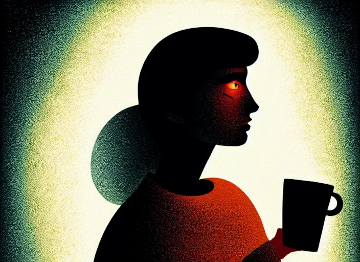 Image similar to portrait of a heroine drinking coffee, colorful,vivid, Mads Berg, Karolis Strautniekas,small finely stippled light, cinematic lighting,fine texutre, editorial illustration, detailed, moody, dynamic composition,perspective