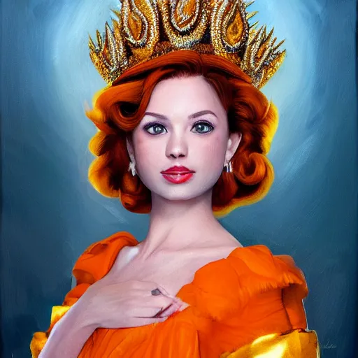 Image similar to An ultra realistic portrait painting of Princess Daisy wearing his orange dress and golden tiara, 4k, Ultrarealistic, Highly Detailed, Dark Fantasy, Epic Lighting