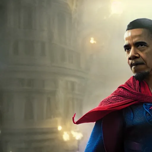 Prompt: Obama as Dr. Strange. Movie still frame. 4K UHD.