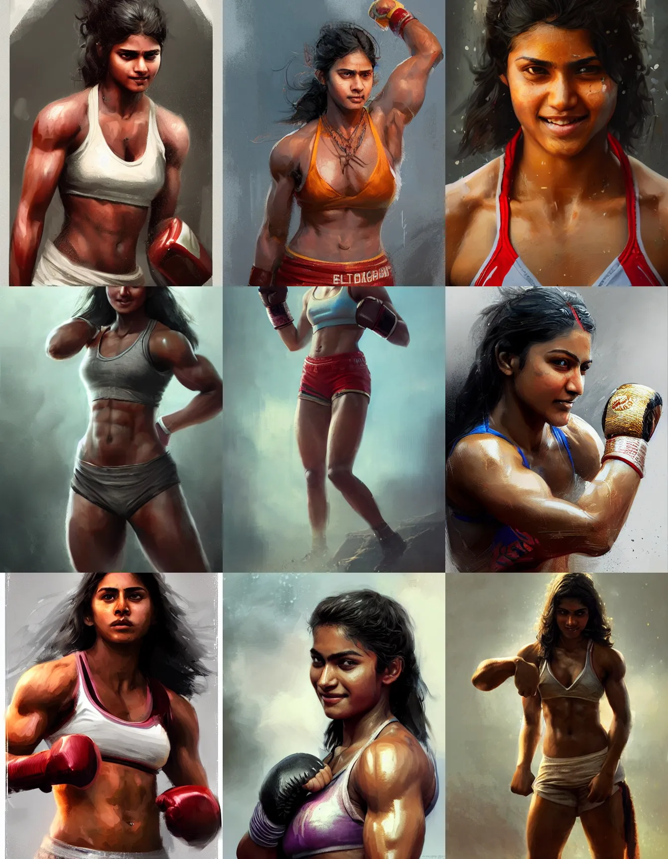 Prompt: young indian woman boxer, strong, muscular, smiling, digital portrait by greg rutkowski, intricate, soft focus, highly detailed, cinematic, epic, artstation
