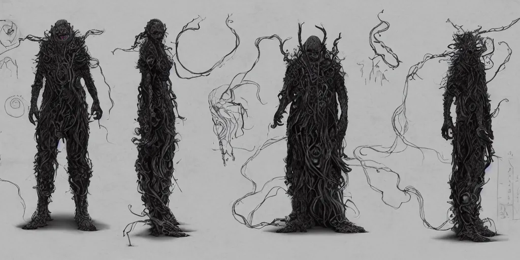 Image similar to lovecraftian god, character sheet, concept design, contrast, hot toys, kim jung gi, greg rutkowski, zabrocki, karlkka, jayison devadas, trending on artstation, 8 k, ultra wide angle, pincushion lens effect