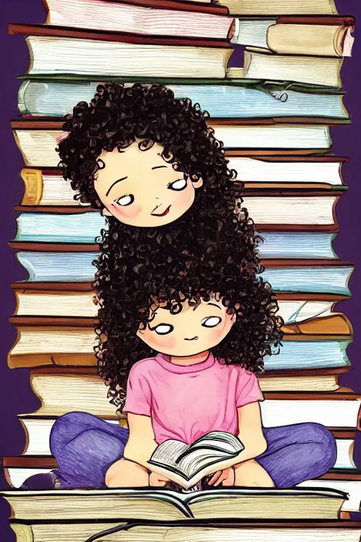 Image similar to a little girl with curly brown hair sits cross legged on top of a tall pile of books. she is reading. clean elegant pretty cartoon painting, beautiful detailed face, soft outlines, storybook illustration.