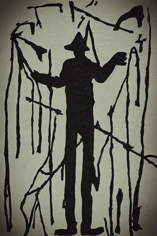 Prompt: “A man with a metal detector on a field. A poster in the style of German expressionism”