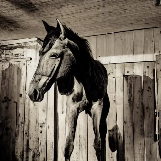 Prompt: real horse inside creepy scary nightmare atmosphere, realsitic