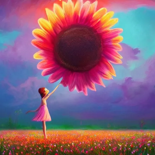 Image similar to giant daisy flower as head, girl ballet dancing in a flower field, surreal photography, sunrise, dramatic light, impressionist painting, colorful clouds, digital painting, artstation, simon stalenhag