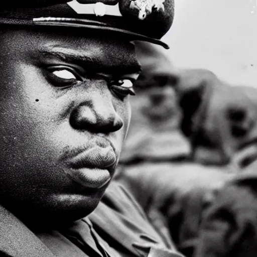 Image similar to Biggie Smalls as an American soldier on D Day, epic, WWII, 1940s photo, cinematic, highly detailed, gritty, combat, sharp focus, closeup