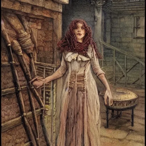 Image similar to a mummy in victorian clothes and a top, graphic novel style by alan lee and john howe