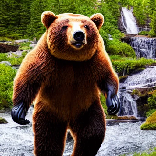 Prompt: [Robot chasing bear { eyes(cute huge + luminous), view(full body + zoomed out), background(solid), pose(arms up + happy), holding(stick), bear(scared + running away), waterfall(beautiful + lushious + large)}]