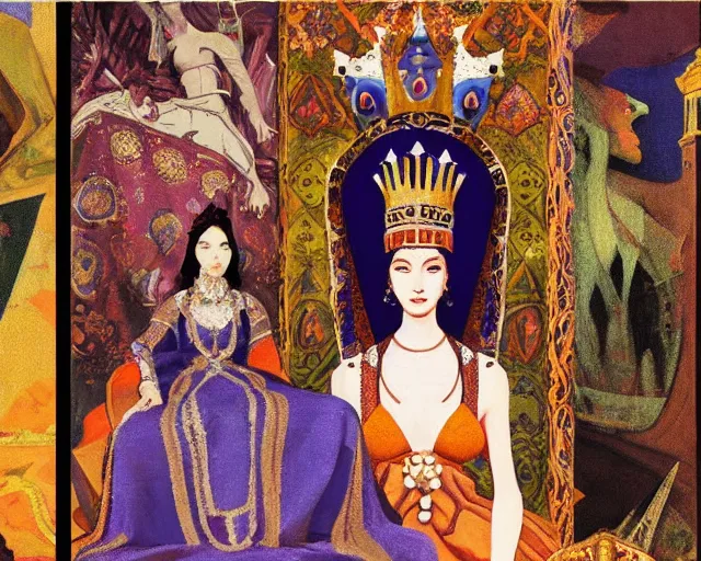 Prompt: a queen wearing a dress and a crown, and a veil on a stone throne by nicholas roerich, by gustave moreau, by james hawe, by yoshitaka amano, by georgia o keeffe, oil painting
