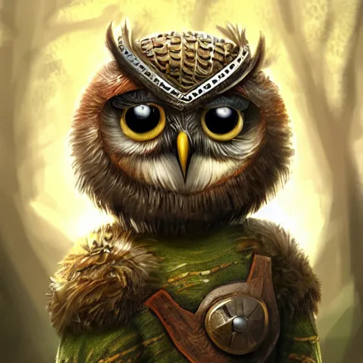 Image similar to A detailed, highly realistic anthropomorphic owl with a viking helmet and round shield standing in front of a tree, an anthropomorphic owl with a fluffy face wearing armor in front of a tree, digital art, artstation