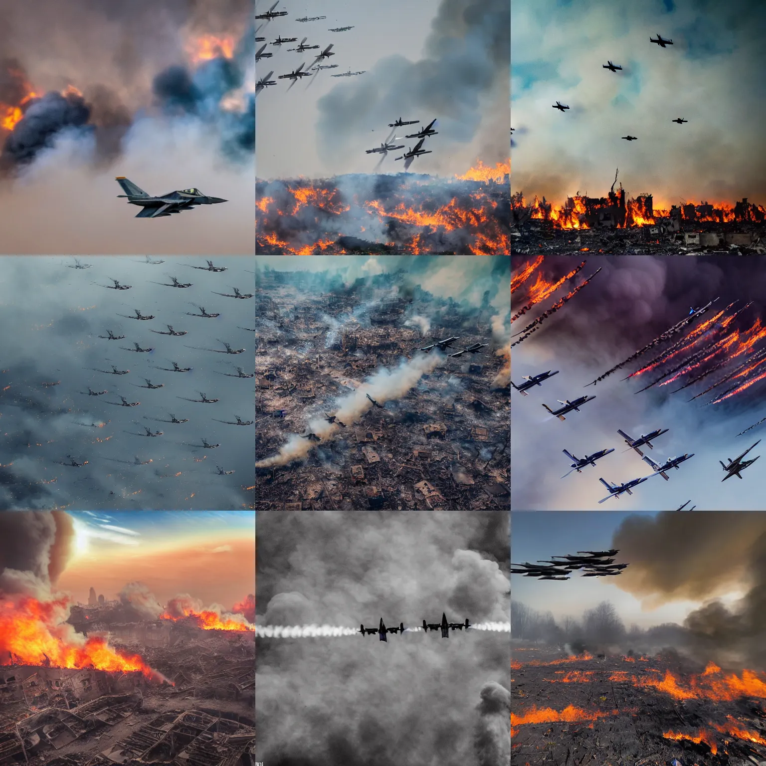 Prompt: ground landscape photograph of an armada of fighter jets flying over a destroyed smoking burning city, color, reflections, motion blur, atmospheric, award winning photo, bloom