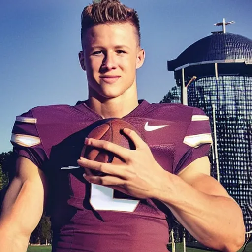 Image similar to “ a realistic detailed photo of a guy who is an attractive humanoid who is half robot and half humanoid, who is a male android, football player christian mccaffrey, shiny skin, posing like a statue, blank stare, on the field, on display ”