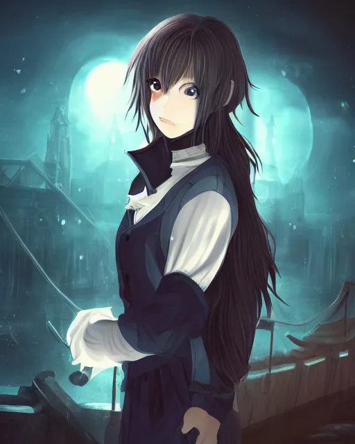 Image similar to a teenage girl on a haunted ship, full shot, very anime, digital art, captures emotion and movement, ambient lighting, perfect composition, dynamic lighting, detailed face, very extremely detailed blue eyes, smooth shading