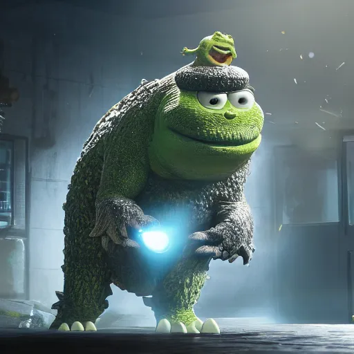 Image similar to mr. bean godzilla super mario pickle rick yoda donkey kong pikachu yeti shrek spongebob homer groot kermit in gears of war, splash art, movie still, detailed face, photorealistic facial features, cinematic lighting, dramatic, octane render, long lens, shallow depth of field, bokeh, anamorphic lens flare, 8 k, hyper detailed, 3 5 mm film grain