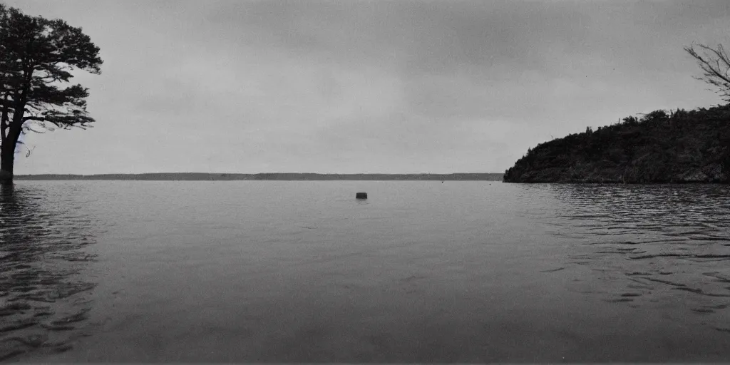 Image similar to an infinitely long rope zig - zagging across the surface of the water into the distance, floating submerged rope stretching out towards the center of the lake, a dark lake on an overcast day, rocky shore foreground, directed by stanley kubrick, atmospheric, color film, trees in the background, hyper - detailed photo, anamorphic lens