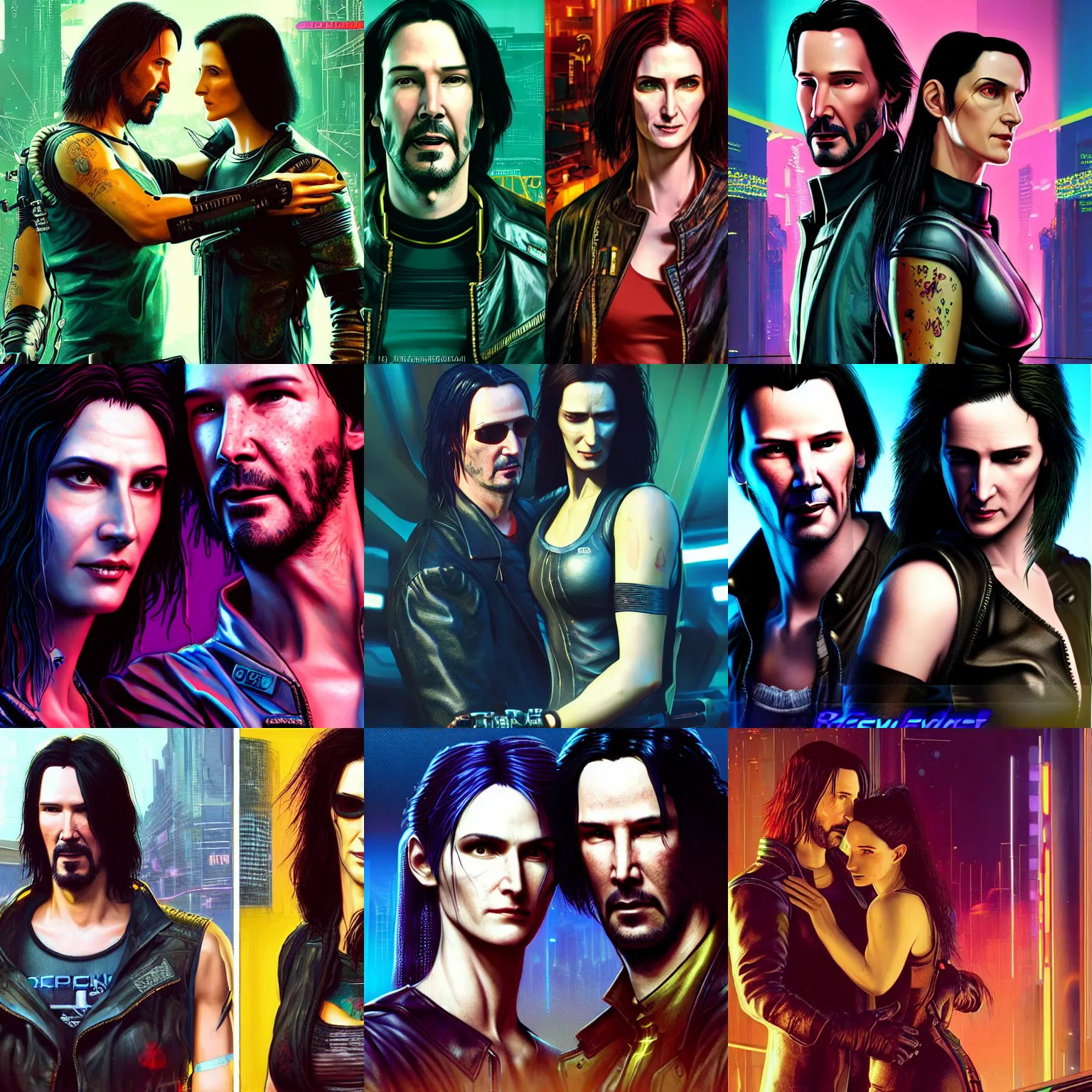 Prompt: a cyberpunk 2077 srcreenshot couple portrait of Keanu Reeves as Neo & Carrie-Anne Moss as Triniti in kiss,love,film lighting,by Laurie Greasley,Lawrence Alma-Tadema,Dan Mumford,artstation,deviantart,FAN ART,full of color,Digital painting,face enhance,highly detailed,8K,octane,golden ratio,cinematic lighting